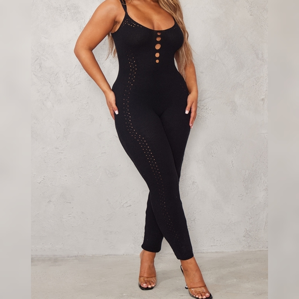 Black knit laser cut detail strappy jumpsuit